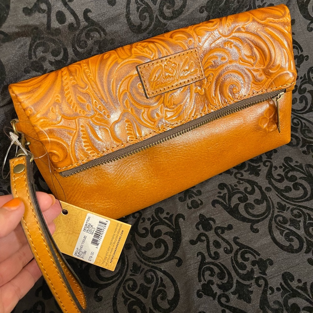 Embossed Leather Wristlet Clutch - Tan